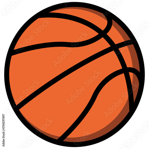 Flat Color Vector Icon of an Orange Basketball with Black Lines and a Drop Shadow, Symbolizing Sports, Games, and Athletics