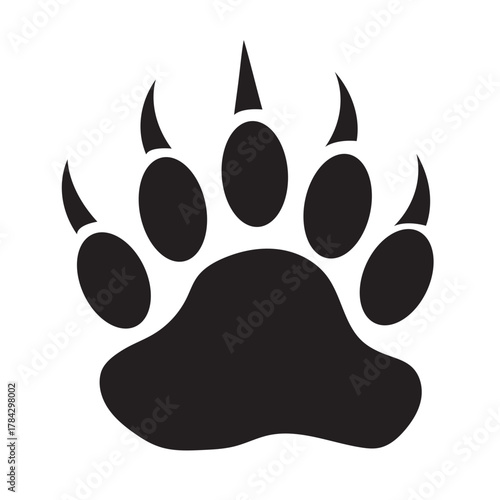 Solid Black Silhouette Vector Icon of a Bear Paw Print, Featuring Five Toes and Sharp Claws, Symbolizing Wildlife, Nature, and Strength