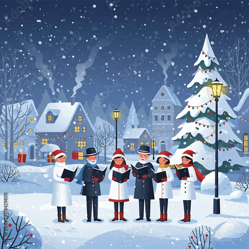 Joyful carolers singing festive holiday songs in a picturesque snowy village street, spreading cheer during a beautiful winter night with illuminated houses and decorated trees