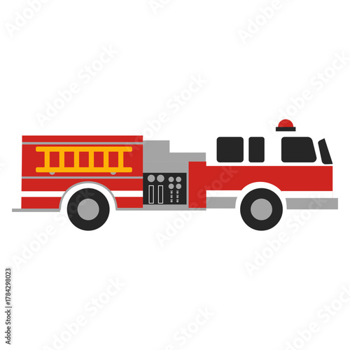 Simple Flat Color Vector Illustration of a Red Fire Truck (Fire Engine) with a Ladder and Siren, Side View