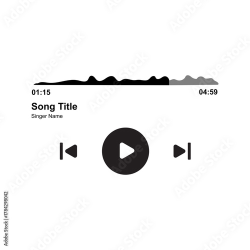 Simple Black and White Vector Icon of a Music Player Interface, Featuring a Waveform, Time Stamp, and Play/Pause Buttons