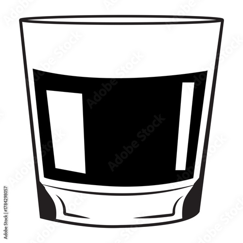 Black and White Vector Icon of a Rocks Glass or Tumbler Filled with Whiskey, Bourbon, or Scotch