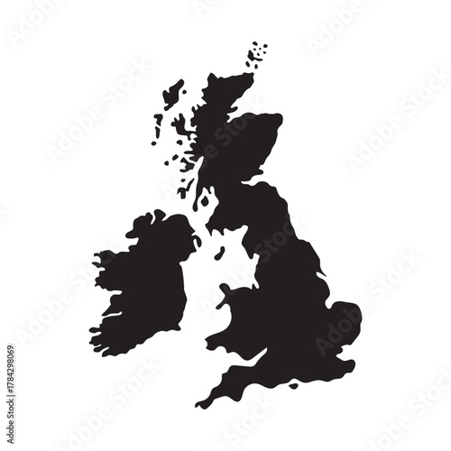 Solid Black Silhouette Vector Map of the United Kingdom (UK) and Ireland, Showing Great Britain, Northern Ireland, and the Republic of Ireland