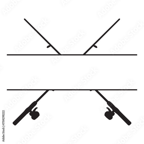 Black Outline Vector Icon of Two Crossed Fishing Rods, Designed as a Split Monogram Frame with a Blank Horizontal Space for Text