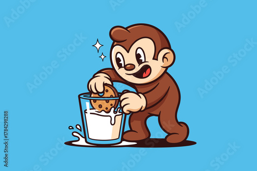 Adorable Monkey Dipping Chocolate Chip Cookie into a Glass of Mi