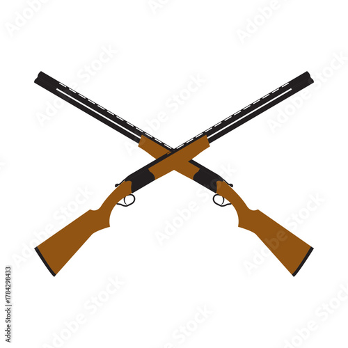 Flat Color Vector Illustration of Two Crossed Over-Under Shotguns with Brown Stocks, Representing Hunting, Shooting Sports, or a Second Amendment Emblem