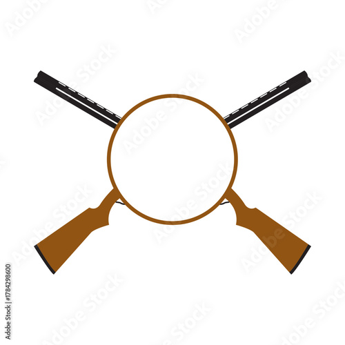Flat Color Vector Logo of Two Crossed Hunting Shotguns with a Blank Circular Frame, Representing Hunting, Shooting Sports, or a Second Amendment Emblem
