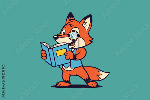 Clever Fox Reading Book with Monocle Cartoon Illustration.