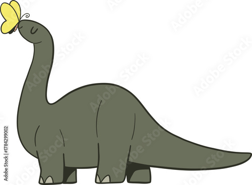 Cartoon Brontosaurus with Butterfly Illustration