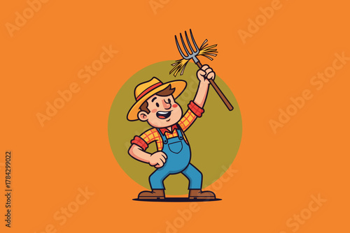Happy Farmer with Pitchfork Cartoon Illustration.