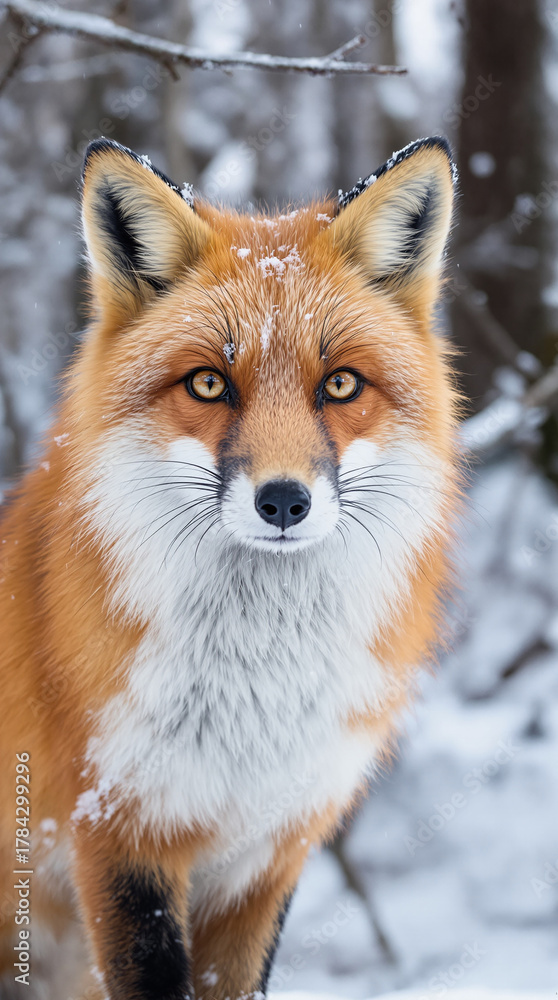 Fototapeta premium Fox in winter forest. Wild animal in nature 