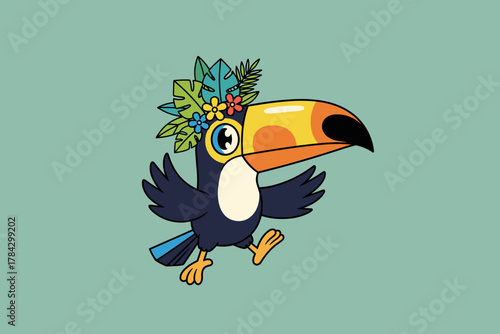 Cute Cartoon Toucan with Tropical Flowers and Leaves on Head.