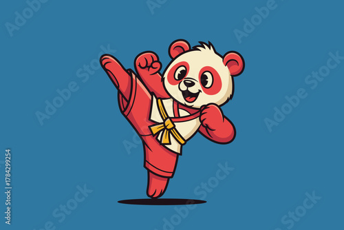 Cute Cartoon Panda Practicing Martial Arts with High Kick.