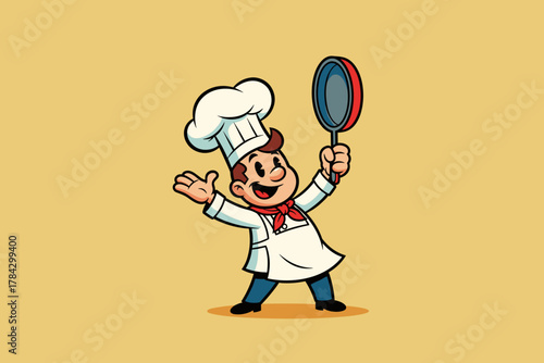 Happy Chef Character Holding Frying Pan Cartoon Illustration.