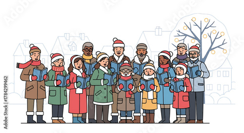 A diverse and joyful community of people of all ages comes together for festive holiday caroling in a charming winter town setting, depicted in a cheerful line art illustration