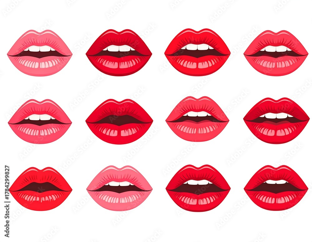 Obraz premium Twelve colorful, vector-style illustrations of open lips with visible teeth