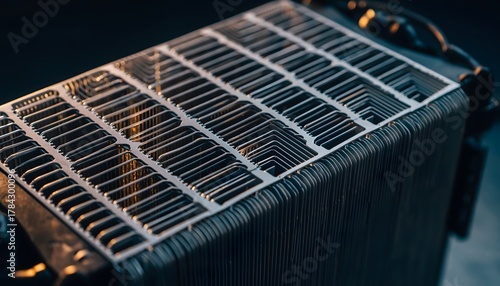 Macro shot of a high-density radiator fan array for extreme cooling, showing the intricate fins and metal construction.