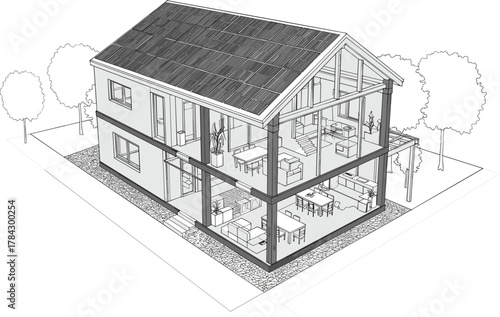 Architectural cutaway house icon vector—solar roof, furnished rooms, and structural details for sustainable building, design, and planning visuals