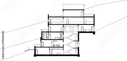 Sloped terrain building section icon vector—multi-level layout with staircases, retaining walls, and structural details for design visuals