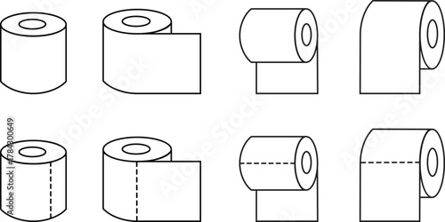 Roll tissue line icons set with paper roll symbols for bathroom, hygiene, cleaning, toilet and household use. Minimalist black vectors designs for sanitary, towel and napkin on transparent background.