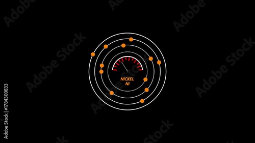 Nickel level abstract scale. Value measuring. Nuclear science concept. Atom structure with electron orbits and electrons.