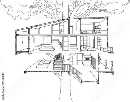 Modern treehouse section icon vector—multi-level layout with central tree, furnished rooms, and outdoor deck for architectural design visuals