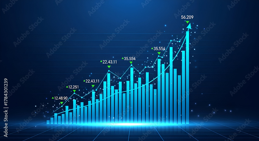 Naklejka premium Blue Bar Chart with Upward Trend and Data Points graph