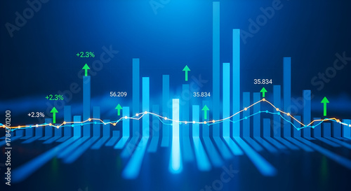 Blue Bar Chart with Upward Green Arrows and Growth Lines