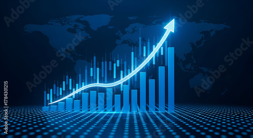 Blue Bar Chart with Upward Arrow and Grid Pattern finance