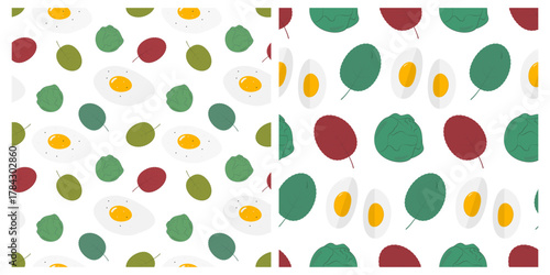 Fried Egg with Lettuce and half Hard Boiled egg Seamless Pattern Healthy Eating Backdrop Flat Design. Isolated Vector illustration Healthy Food Themed Menu Cards Banner, leaflets, label, price, poster