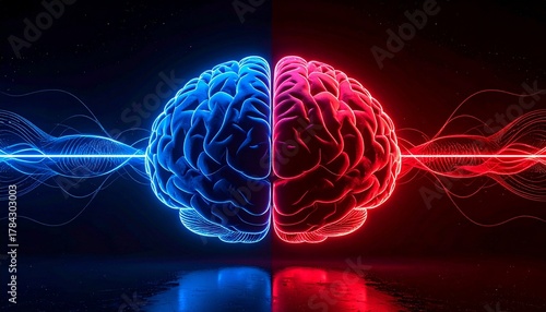 Split-color digital brain with blue left and red right hemispheres, glowing neural waves on dark background.