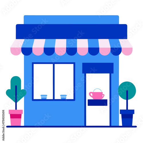 Charming blue coffee shop with pink awnings planters and outdoor seating vector on white background.