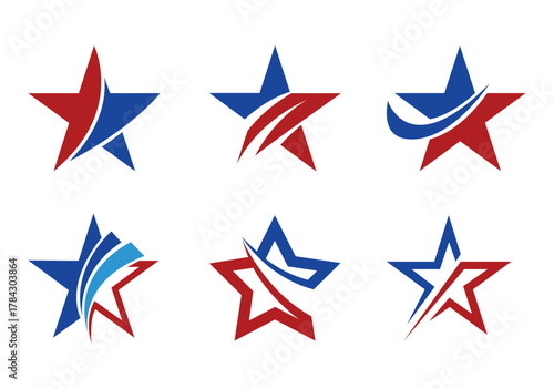 Collection of six modern abstract star logos in red blue and white with dynamic swoosh elements