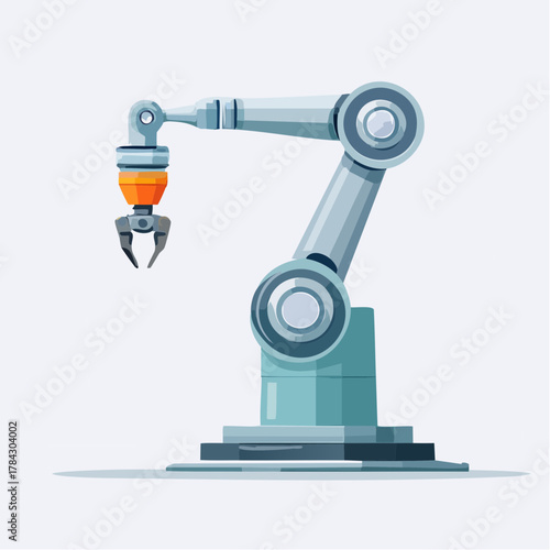 産業用ロボットアームによる作業自動化のベクターイラスト - スマートファクトリーとAI技術