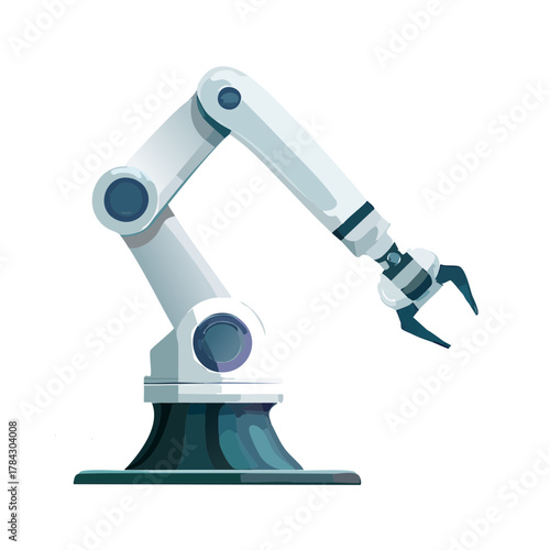 産業用ロボットアームによる作業自動化のベクターイラスト - スマートファクトリーとAI技術