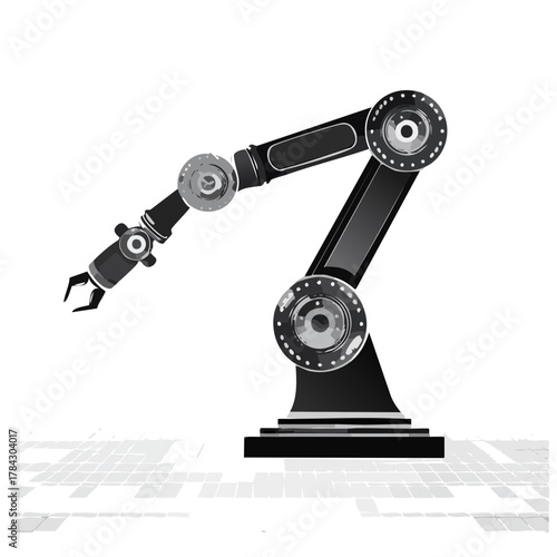 産業用ロボットアームによる作業自動化のベクターイラスト - スマートファクトリーとAI技術