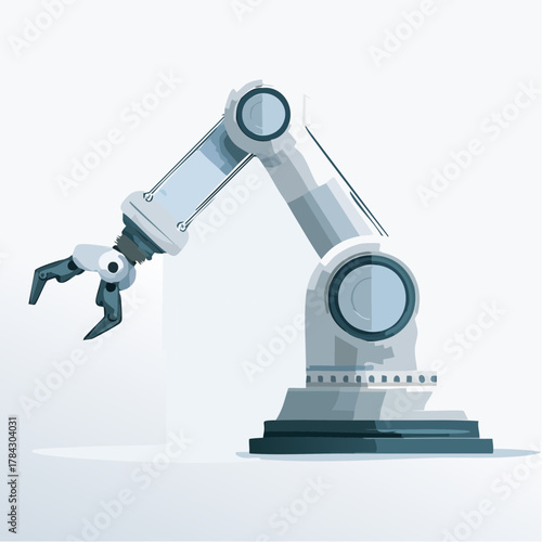 産業用ロボットアームによる作業自動化のベクターイラスト - スマートファクトリーとAI技術