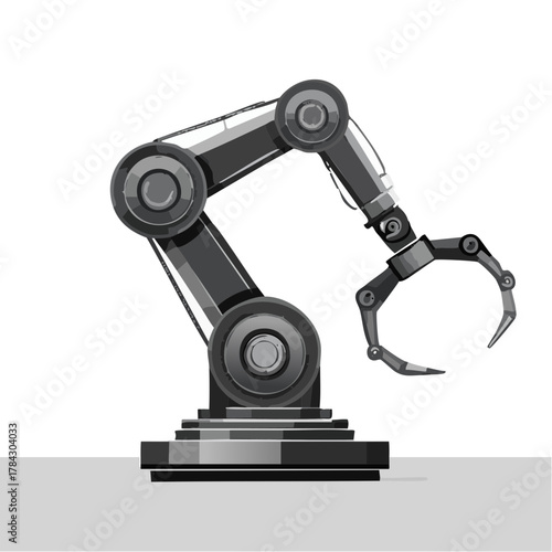 産業用ロボットアームによる作業自動化のベクターイラスト - スマートファクトリーとAI技術