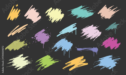 Pastel grunge vector brush stroke set with drips and splashes, hand drawn paint swatches on dark background for modern design, branding, posters.