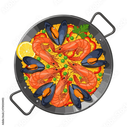 A top-down view of a vibrant paella dish with seafood and vegetables.