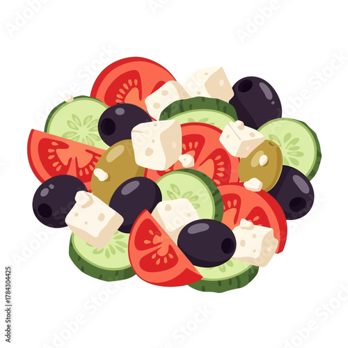 A fresh and healthy Greek salad with sliced tomatoes, cucumbers, olives, and feta cheese cubes.