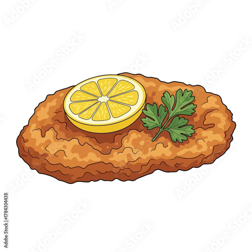 A delicious breaded schnitzel topped with a fresh lemon slice and a sprig of parsley.