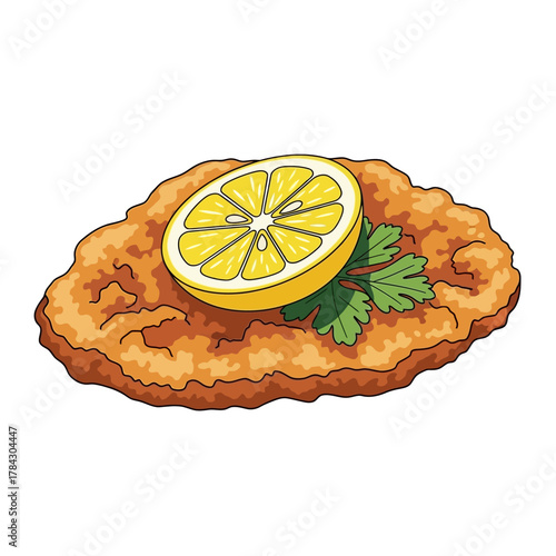 A delicious breaded schnitzel topped with a fresh lemon slice and a sprig of parsley, presented on a white background.