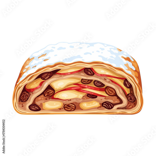 Illustration of a cross-section of apple strudel with raisins and powdered sugar.