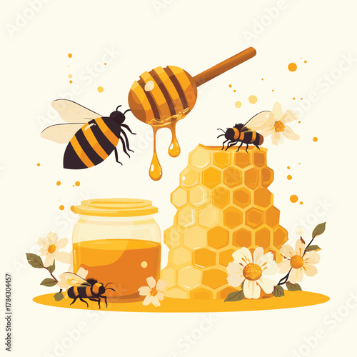 Illustration of honey and bees, featuring a honey dipper dripping honey, a jar of honey with a bee, and stacked honeycombs with flowers   , vector style simple color