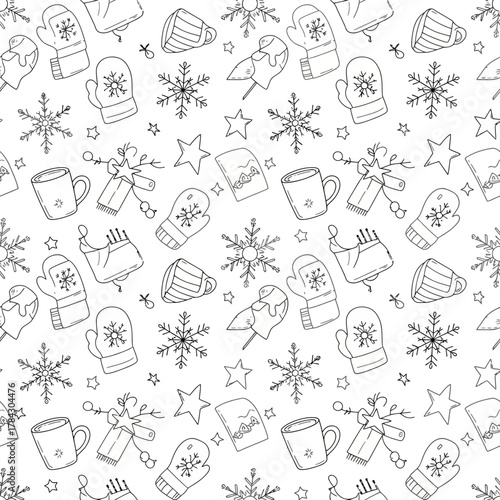 A charming black and white doodle pattern featuring winter-themed elements like snowflakes, mittens, and hot beverages.