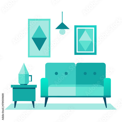 Living room with aquamarine color theme vector on white background.
