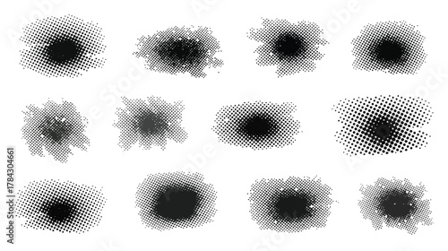 Grunge halftone spray brush blot set with soft smoky gradients and grain textures, isolated black smudges for overlays, posters, and modern design.