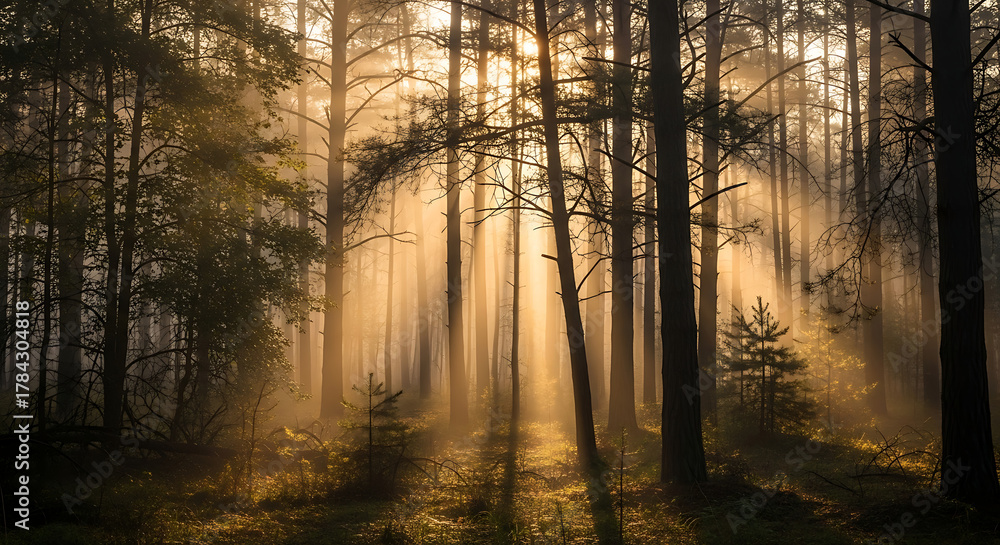 Naklejka premium Misty Forest Sunlight Rays Filtering Through Trees in Nature