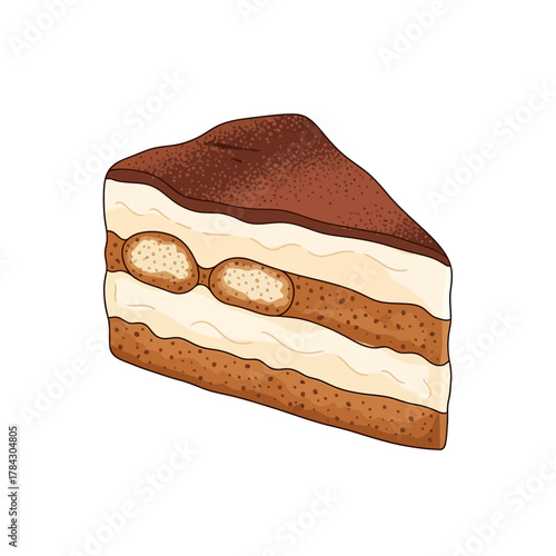 Illustration of a slice of tiramisu cake with layers of cream, coffee-soaked ladyfingers, and cocoa powder on top.
